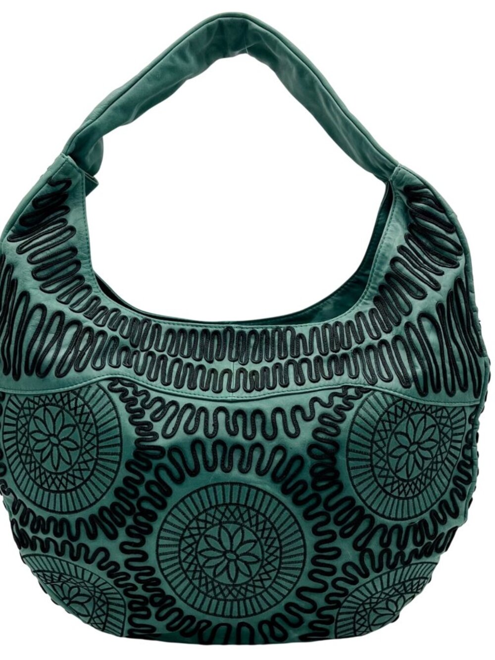 Bloomingdales Teal Leather Decorative Large Hobo Bag